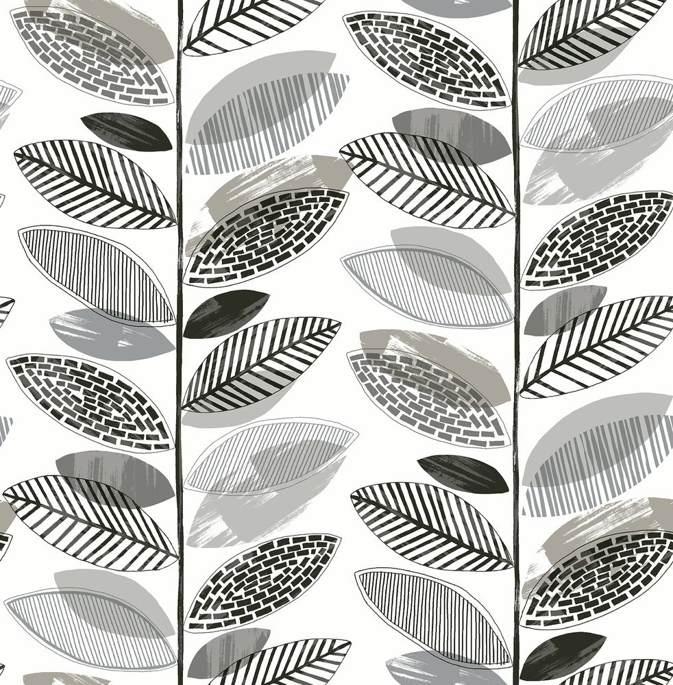 Nyssa Grey Leaves Wallpaper by Brewster Designer Fresh Start Kitchen & Bath Covers about 56.4 square feet 20.5-in by 33-ft long roll Unpasted 20.9 - Swanky Fabrics -