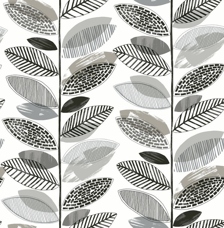 Nyssa Grey Leaves Wallpaper by Brewster Designer Fresh Start Kitchen & Bath Covers about 56.4 square feet 20.5-in by 33-ft long roll Unpasted 20.9 - Swanky Fabrics -