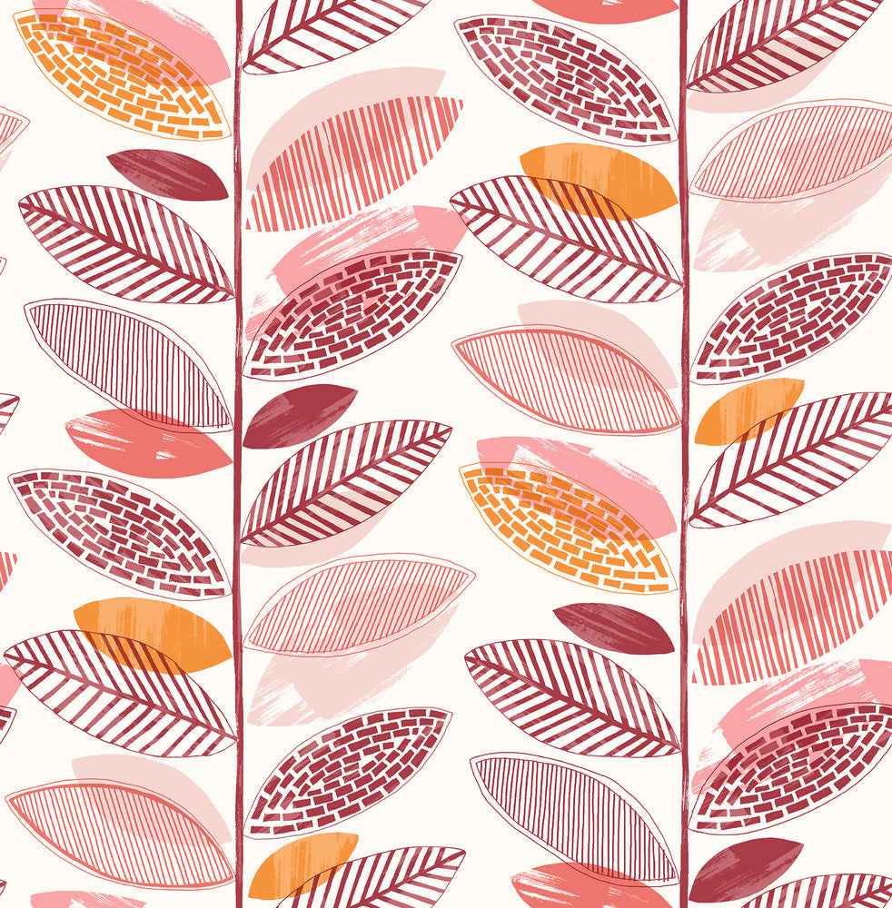 Nyssa Coral Leaves Wallpaper by Brewster Designer Fresh Start Kitchen & Bath Covers about 56.4 square feet 20.5-in by 33-ft long roll Unpasted 20.9 - Swanky Fabrics -