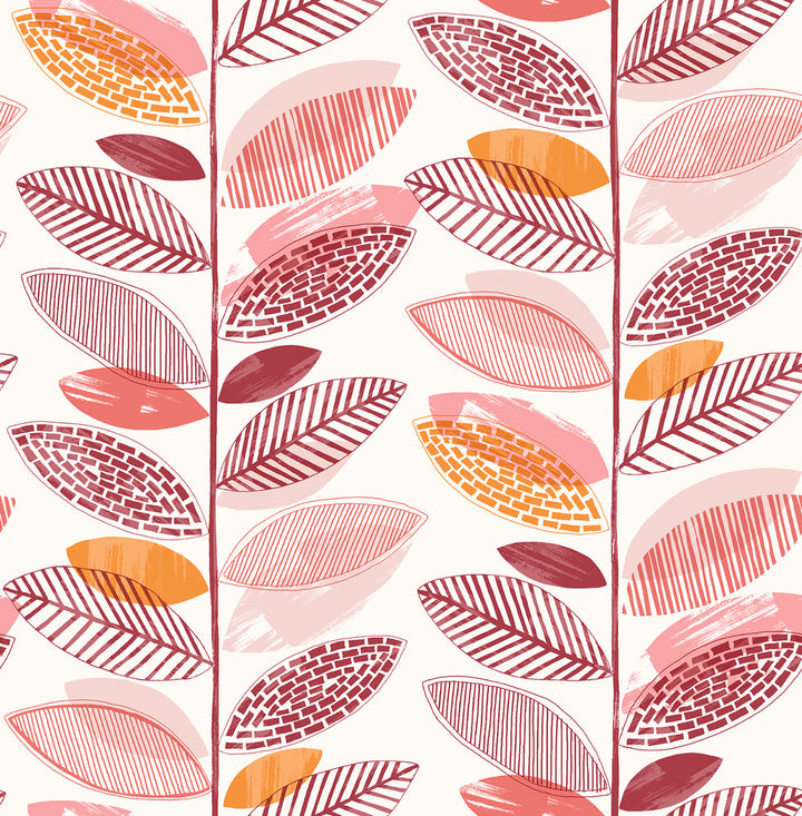 Nyssa Coral Leaves Wallpaper by Brewster Designer Fresh Start Kitchen & Bath Covers about 56.4 square feet 20.5-in by 33-ft long roll Unpasted 20.9 - Swanky Fabrics -