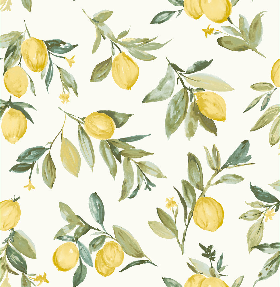 Limon Yellow Fruit Wallpaper by Brewster Designer Fresh Start Kitchen & Bath Covers about 56.4 square feet 20.5-in by 33-ft long roll Unpasted 20.9 - Swanky Fabrics -