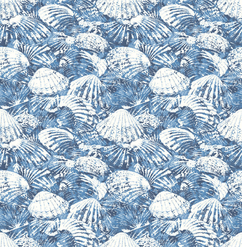 Surfside Blue Shells Wallpaper by Brewster Designer Fresh Start Kitchen & Bath Covers about 56.4 square feet 20.5-in by 33-ft long roll Unpasted 10.4 - Swanky Fabrics -
