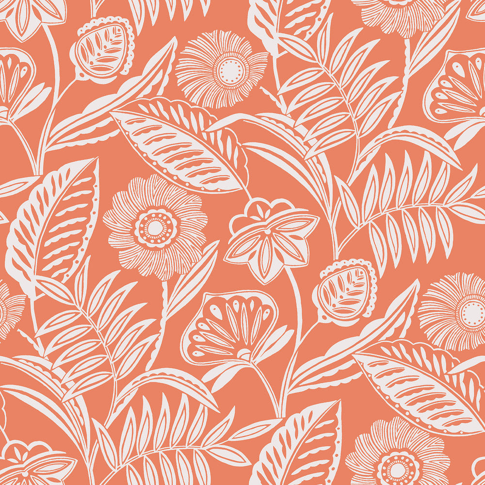 Alma Coral Tropical Floral Wallpaper by A-Street Prints Designer Pacifica Covers about 60.8 square feet 27-in by 27-ft long roll Unpasted 25.5 - Swanky Fabrics -