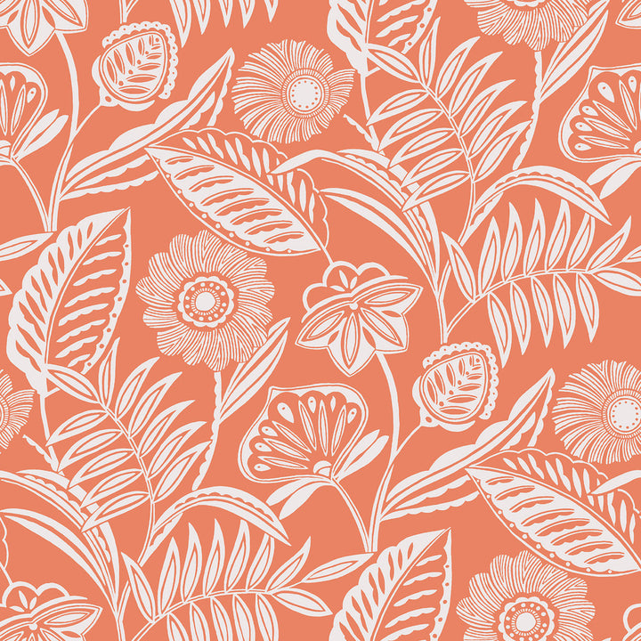 Alma Coral Tropical Floral Wallpaper by A-Street Prints Designer Pacifica Covers about 60.8 square feet 27-in by 27-ft long roll Unpasted 25.5 - Swanky Fabrics -