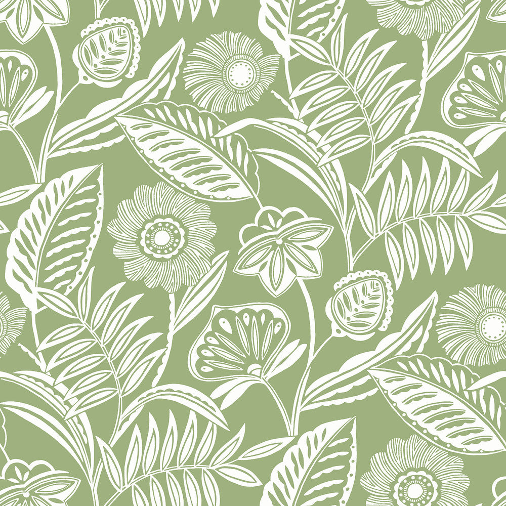 Alma Green Tropical Floral Wallpaper by A-Street Prints Designer Pacifica Covers about 60.8 square feet 27-in by 27-ft long roll Unpasted 25.5 - Swanky Fabrics -