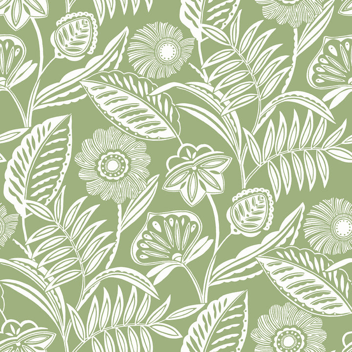 Alma Green Tropical Floral Wallpaper by A-Street Prints Designer Pacifica Covers about 60.8 square feet 27-in by 27-ft long roll Unpasted 25.5 - Swanky Fabrics -