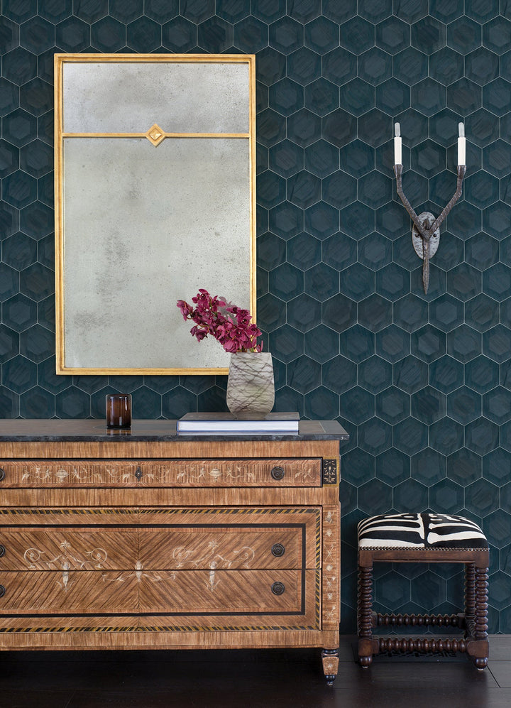 Shunan Blue Veneer Inlay Wallpaper by A-Street Prints Designer