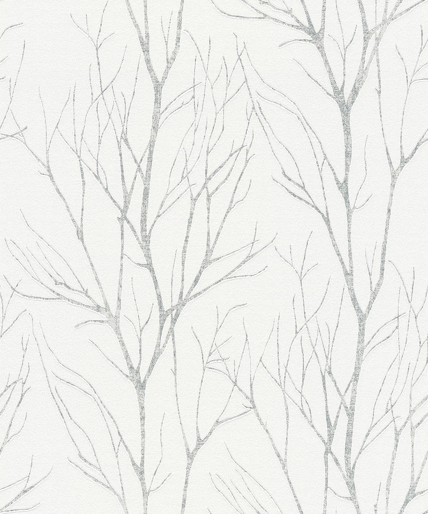 Diani White Metallic Tree Wallpaper by Advantage Designer Bali Covers about 57.8 square feet 21-in by 33-ft long roll Unpasted 25.2 - Swanky Fabrics -