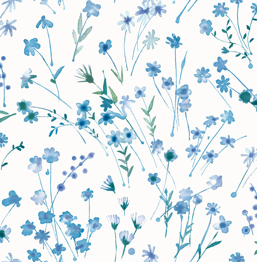 Heidi Blue Watercolor Florals Wallpaper by Advantage Designer Splash Covers about 56.4 square feet 20.5-in by 33-ft long roll Unpasted 10.4 - Swanky Fabrics -
