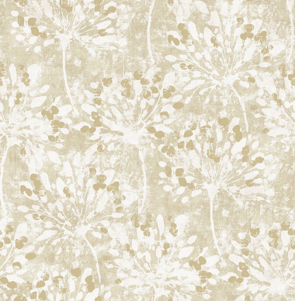 Dori Gold Painterly Floral Wallpaper by Advantage Designer Splash Covers about 56.4 square feet 20.5-in by 33-ft long roll Unpasted 20.9 - Swanky Fabrics -