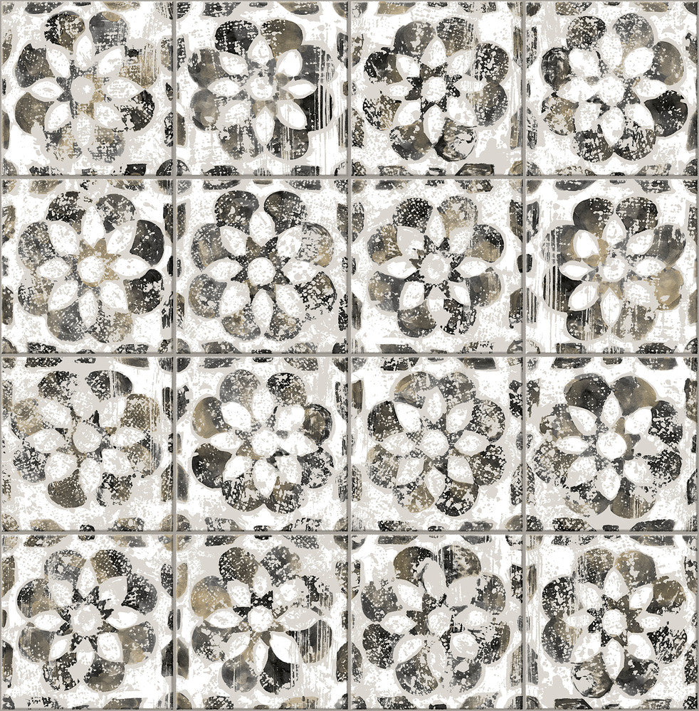 Izeda Black Floral Tile Wallpaper by Advantage Designer Splash Covers about 56.4 square feet 20.5-in by 33-ft long roll Unpasted 20.9 - Swanky Fabrics -