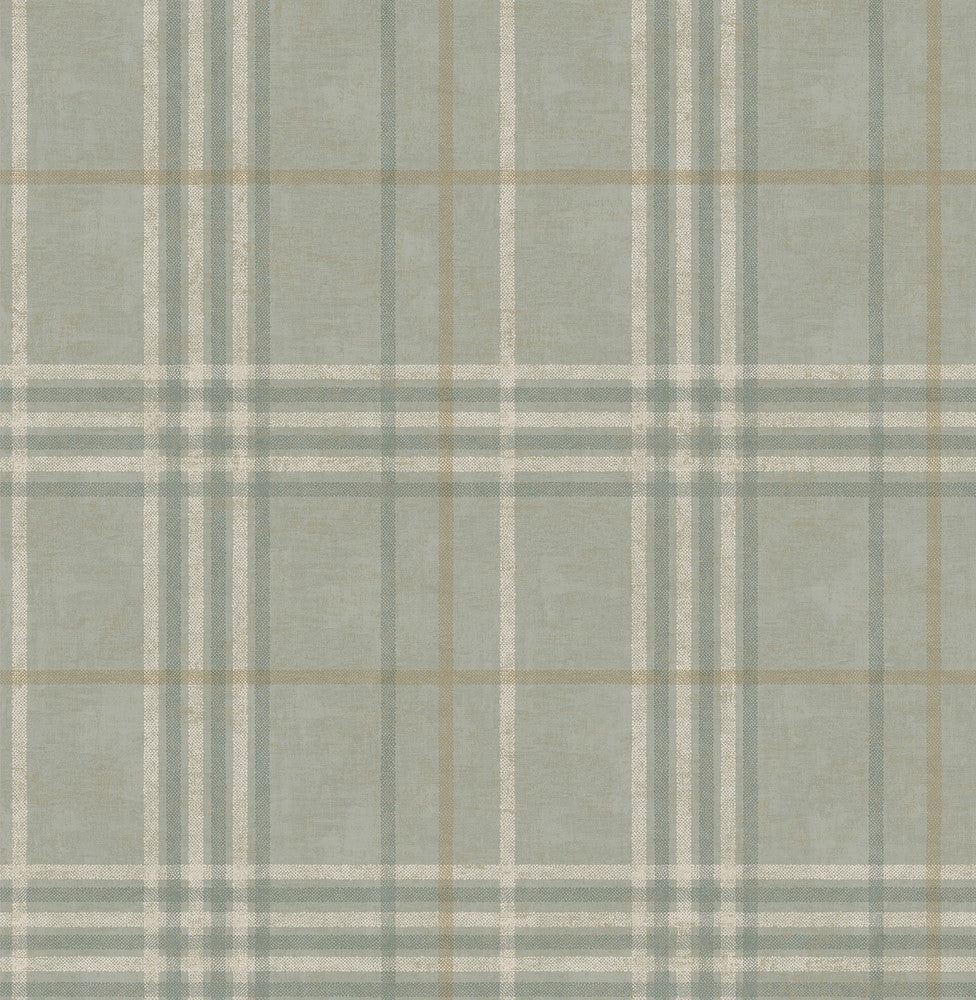Rockefeller Sage Plaid Wallpaper by Chesapeake Designer Manhattan Club Covers about 56.4 square feet 20.5-in by 33-ft long roll Unpasted 10.5 - Swanky Fabrics -
