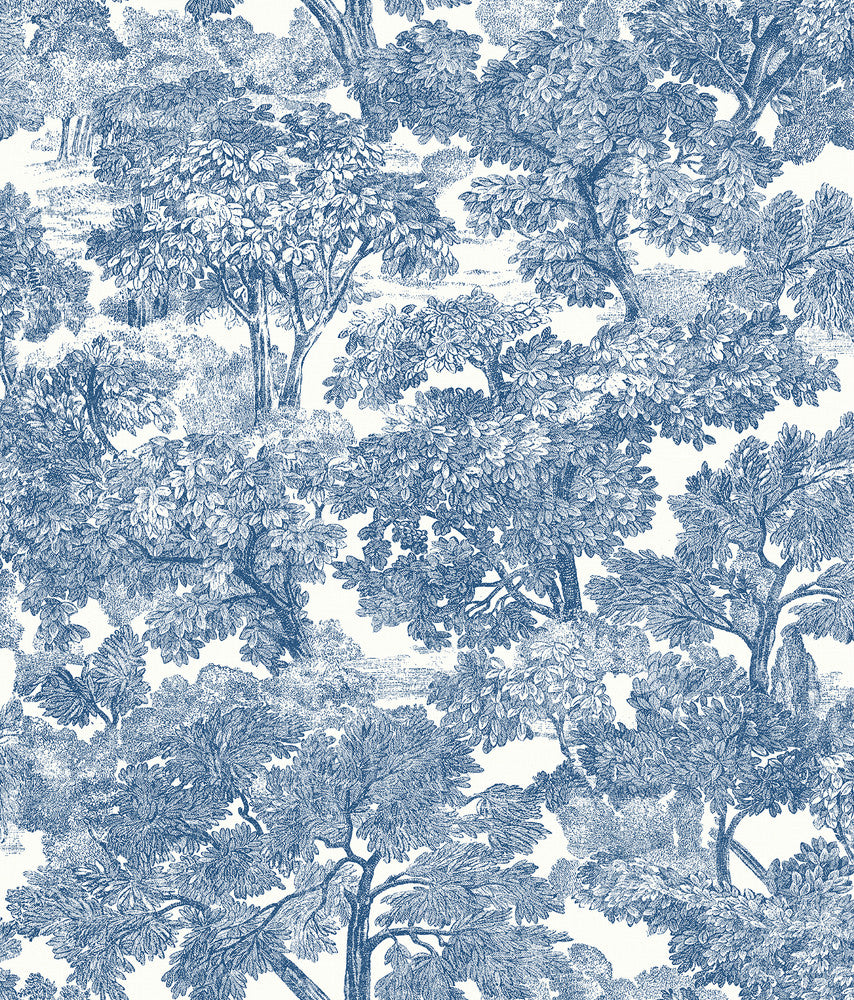 Spinney Blue Toile Wallpaper by Chesapeake Designer Farmhouse Covers about 56.4 square feet 20.5-in by 33-ft long roll Prepasted 24 - Swanky Fabrics -