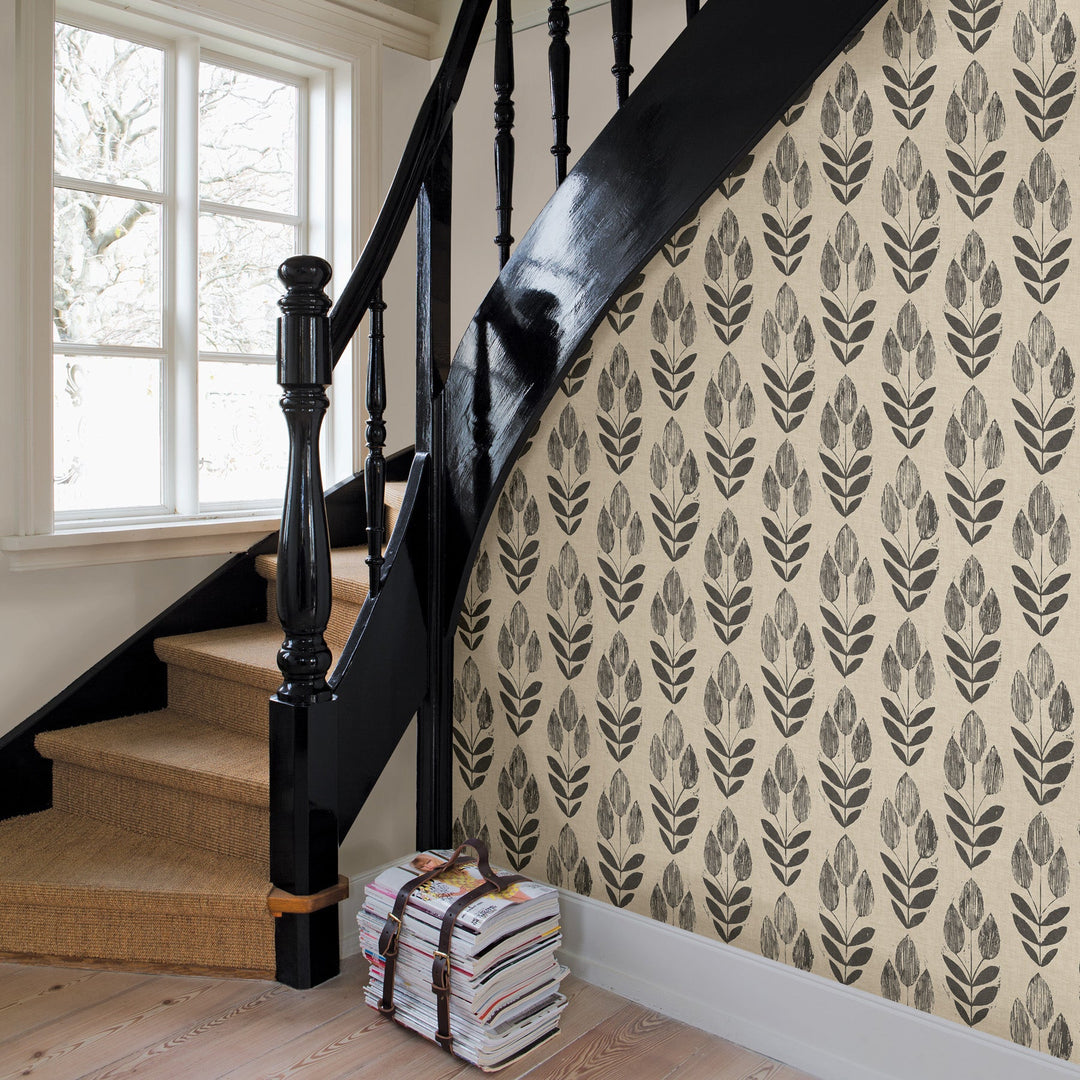 Garland Black Block Tulip Wallpaper by Chesapeake Designer