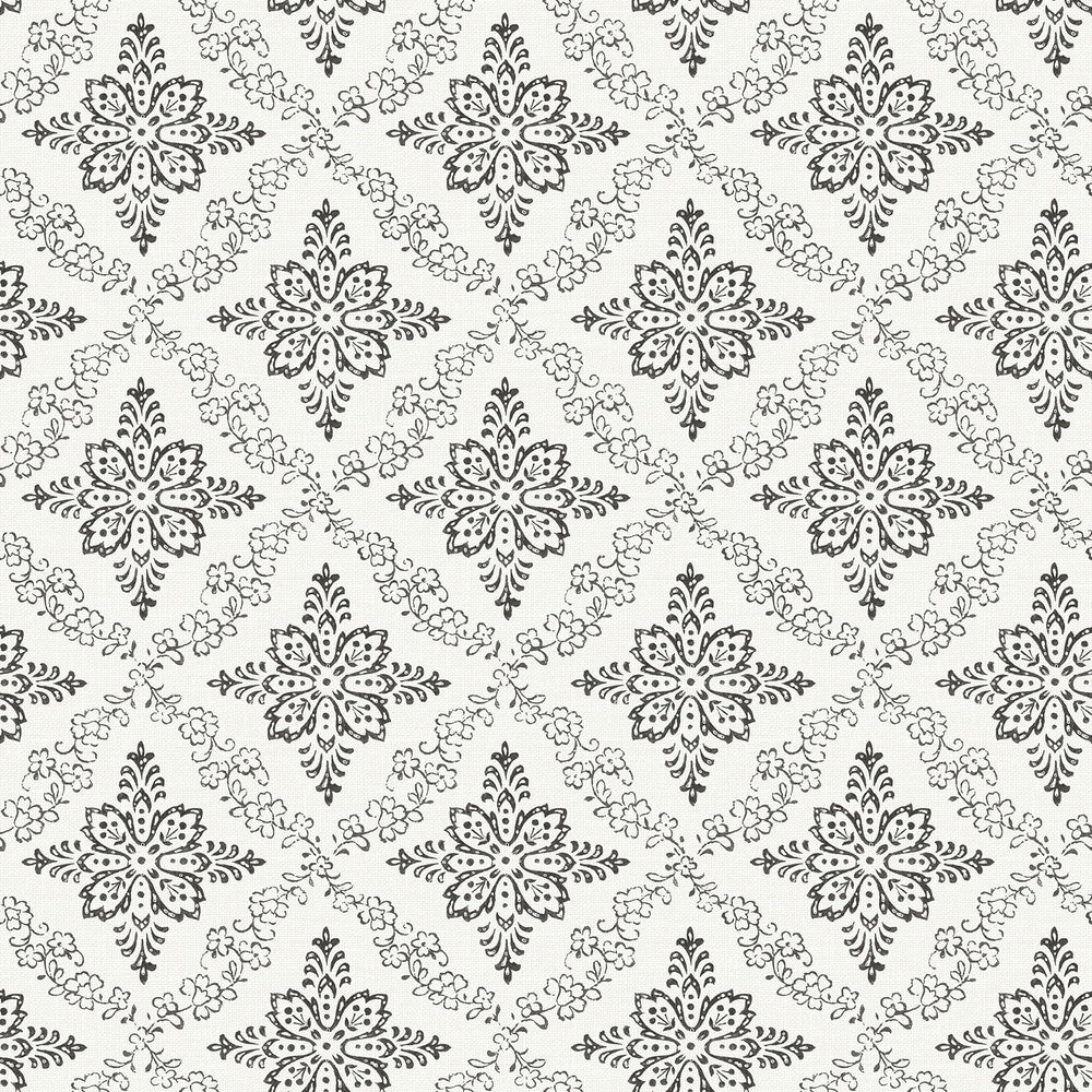 Wynonna Black Geometric Floral Wallpaper by Chesapeake Designer Kindred Covers about 56.4 square feet 20.5-in by 33-ft long roll Prepasted 20.5 - Swanky Fabrics -
