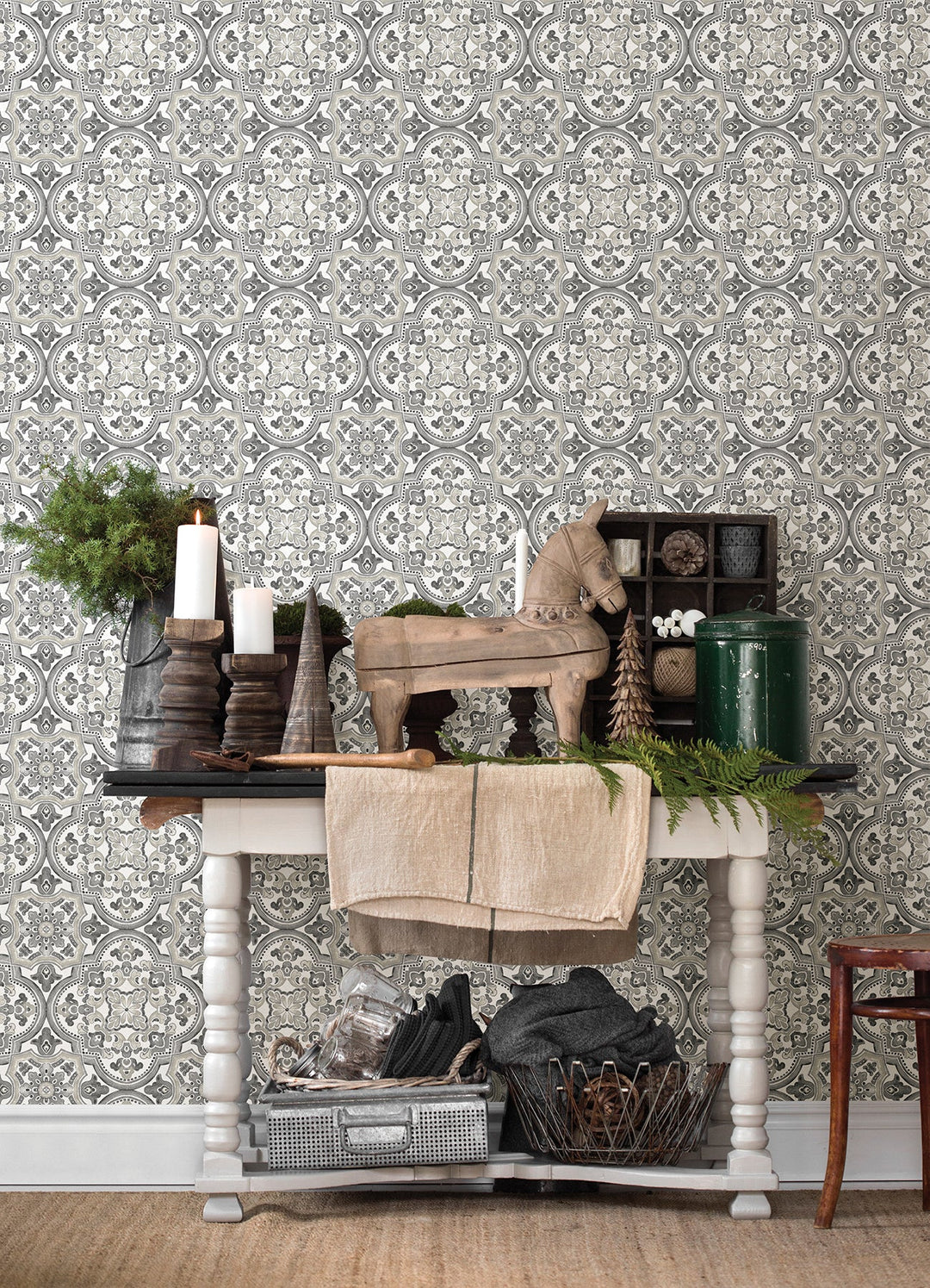 Concord Black Medallion Wallpaper by Chesapeake Designer
