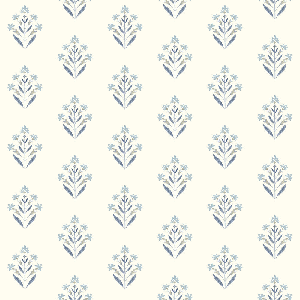 Kova Blue Floral Crest Wallpaper by Chesapeake Designer Kinfolk Covers about 56.4 square feet 20.5-in by 33-ft long roll Prepasted 4.1 - Swanky Fabrics -