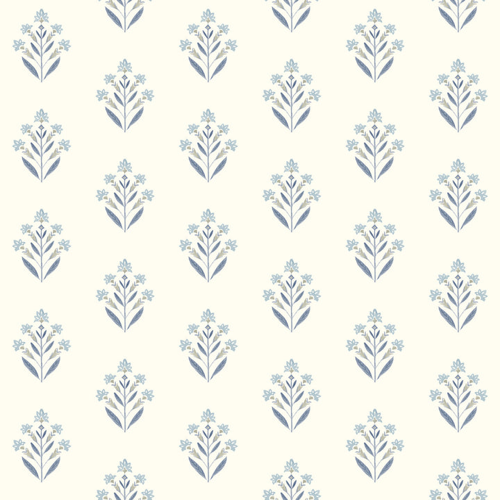 Kova Blue Floral Crest Wallpaper by Chesapeake Designer Kinfolk Covers about 56.4 square feet 20.5-in by 33-ft long roll Prepasted 4.1 - Swanky Fabrics -