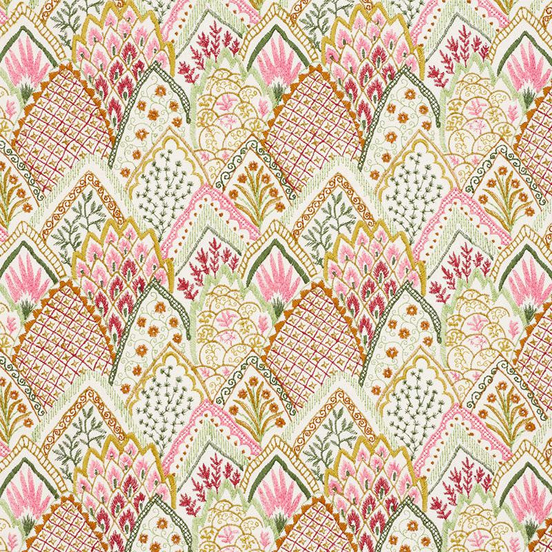 Albizia Embroidery Pink & Leaf 76312 by Schumacher Designer Fabric Palampore 8.62" - Swanky Fabrics -