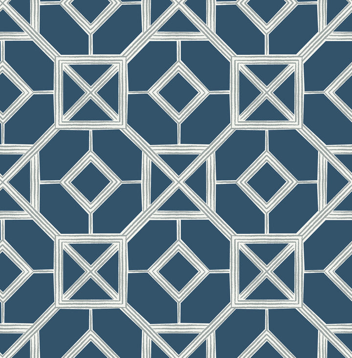 Livia Dark Blue Trellis Wallpaper by A-Street Prints Designer Seychelles Covers about 56.4 square feet 20.5-in by 33-ft long roll Unpasted 10.4 - Swanky Fabrics -