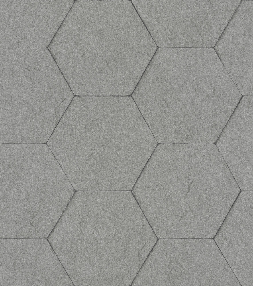 Bascom Dark Grey Stone Hexagon Wallpaper by Advantage Designer Beyond Textures Covers about 57.8 square feet 21-in by 33-ft long roll Unpasted 3.94 - Swanky Fabrics -