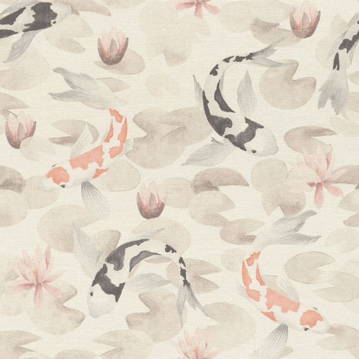 Nobu Beige Koi Fish Wallpaper by Advantage Designer Windsong Covers about 57.5 square feet 20.9-in by 33-ft long roll Unpasted 20.9 - Swanky Fabrics -