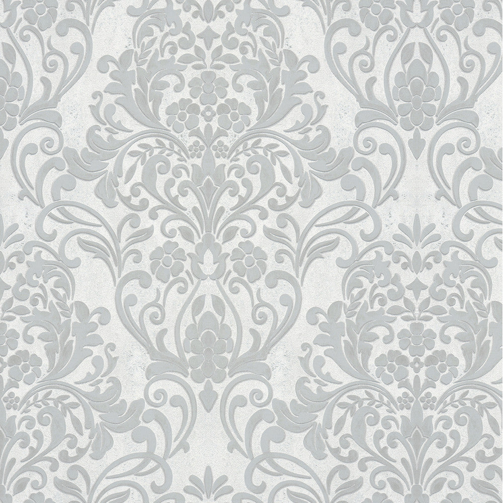 Anders Silver Damask Wallpaper by Advantage Designer Passport Covers about 57.5 square feet 20.9-in by 33-ft long roll Unpasted 25.2 - Swanky Fabrics -