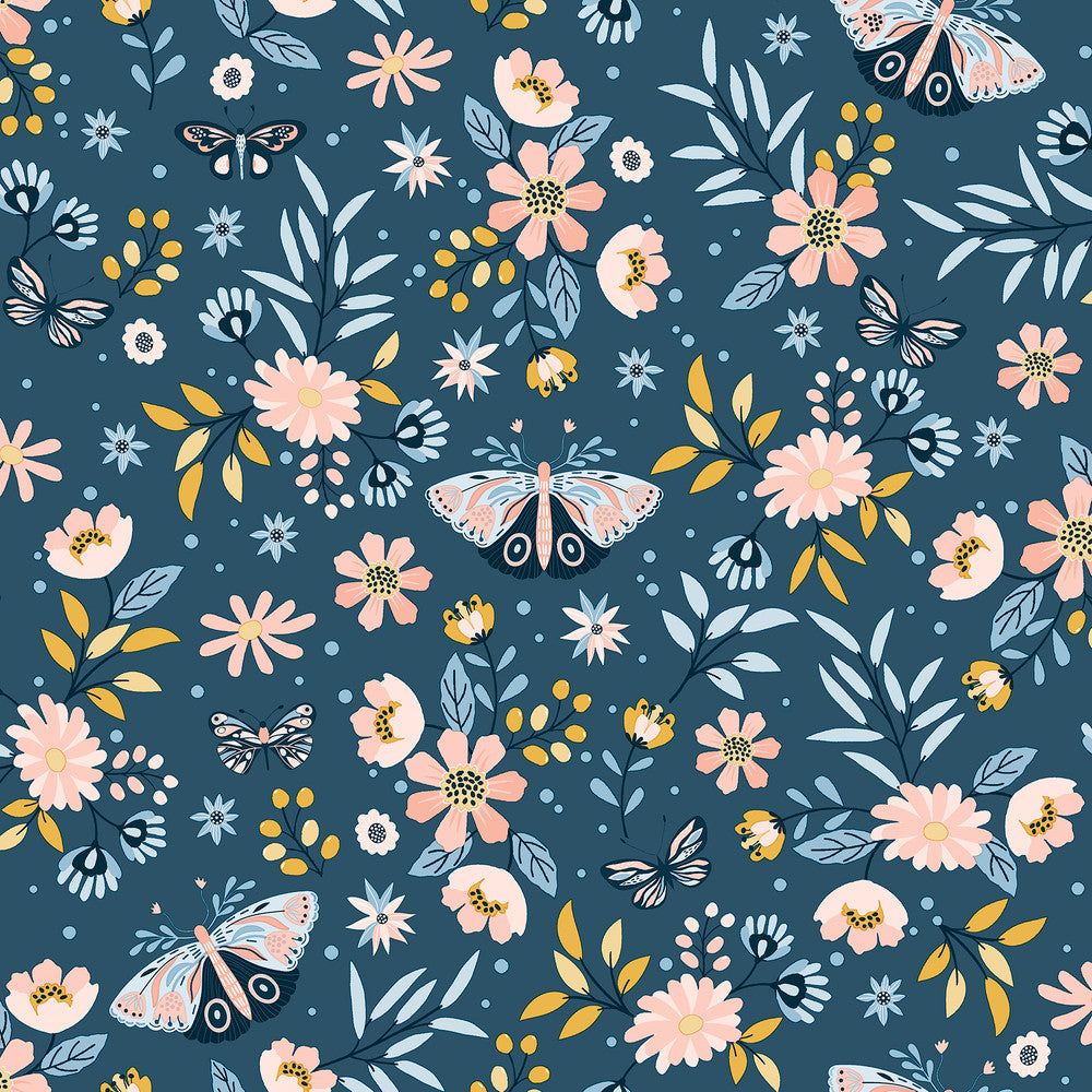 Zev Blue Butterfly Wallpaper by Chesapeake Designer Fable Covers about 57.5 square feet 20.9-in by 33-ft long roll Unpasted 10.4 - Swanky Fabrics -