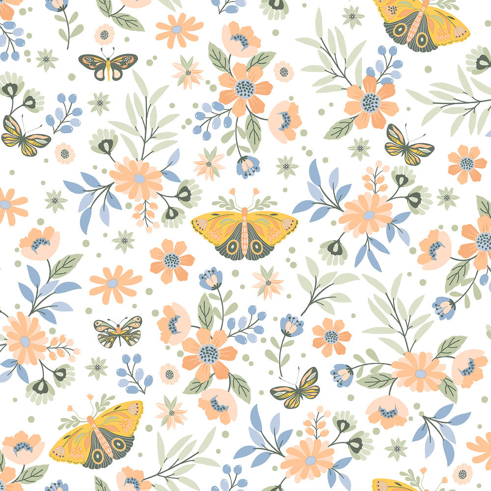 Zev Coral Butterfly Wallpaper by Chesapeake Designer Fable Covers about 57.5 square feet 20.9-in by 33-ft long roll Unpasted 10.4 - Swanky Fabrics -