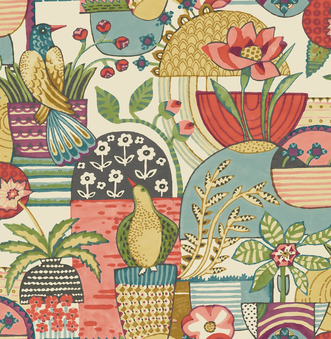 Fika Plum Blissful Birds & Blooms Wallpaper by A-Street Prints Designer