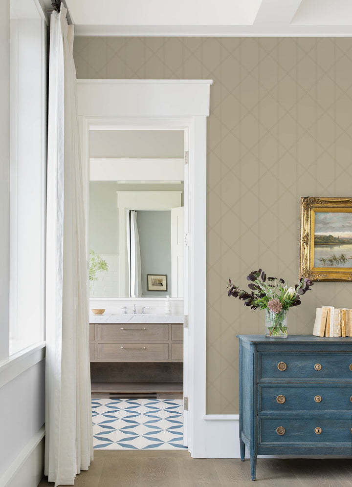 Walcott Taupe Stitched Trellis Wallpaper by A-Street Prints Designer