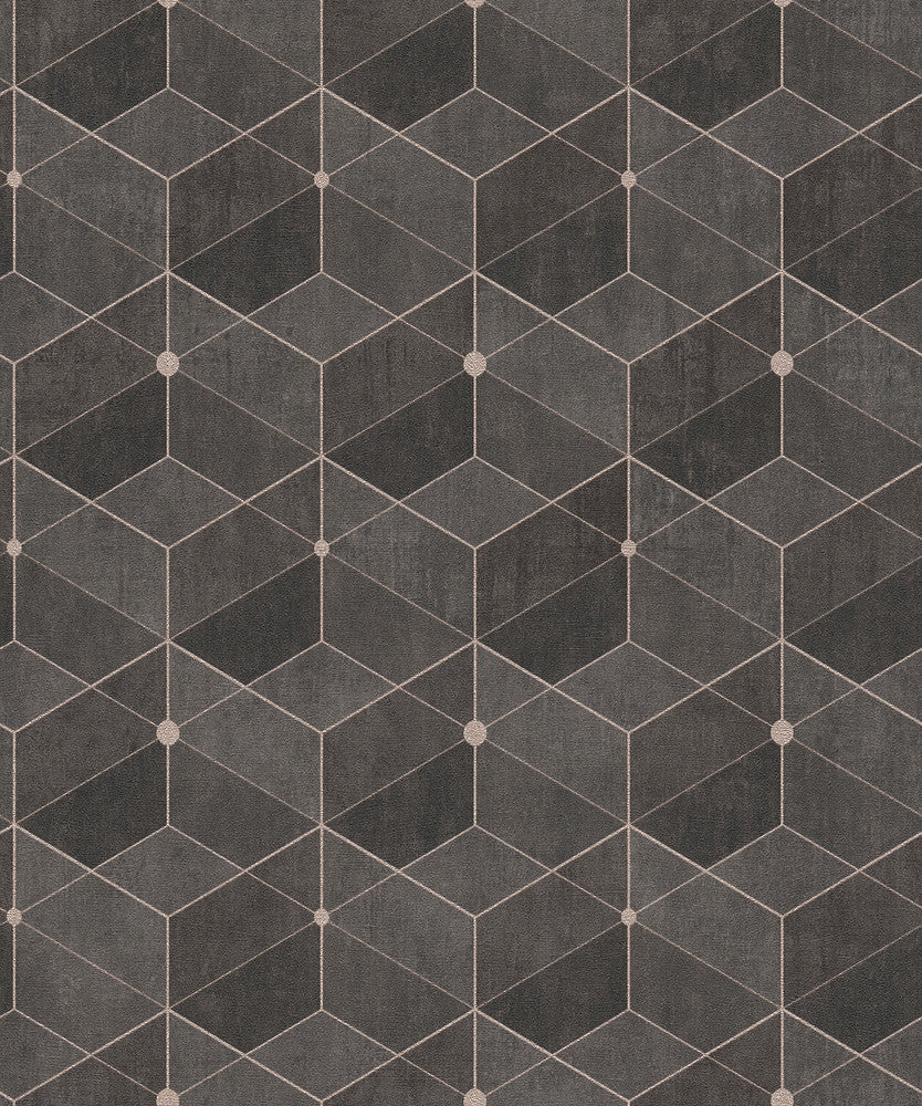 Muir Chocolate Geo Wallpaper by Advantage Designer Titanium Covers about 57.5 square feet 20.9-in by 33-ft long roll Unpasted 8.3 - Swanky Fabrics -