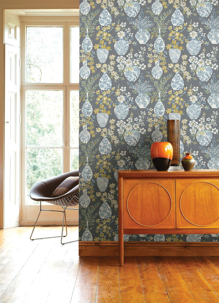 Harper Grey Floral Vase Wallpaper by A-Street Prints Designer