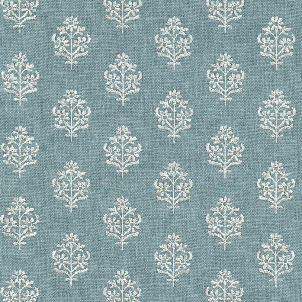 Floral Sprig Emb Chambray 412384 by PKL Studio Designer Fabric Base 50% polyester, 50% cotton Emb: 100% polyester India 6000 Horizontal: 4.5 and Vertical: 3 55 - Swanky Fabrics -