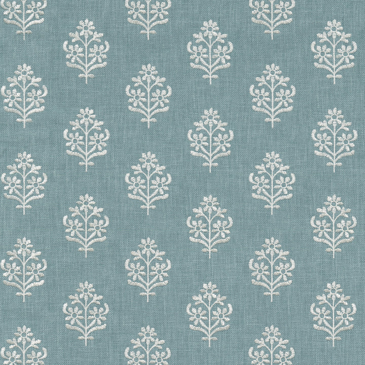 Floral Sprig Emb Chambray 412384 by PKL Studio Designer Fabric Base 50% polyester, 50% cotton Emb: 100% polyester India 6000 Horizontal: 4.5 and Vertical: 3 55 - Swanky Fabrics -