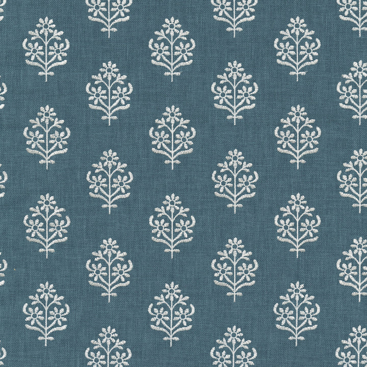 Floral Sprig Emb Indigo 412385 by PKL Studio Designer Fabric Base 50% polyester, 50% cotton Emb: 100% polyester India 6000 Horizontal: 4.5 and Vertical: 3 55 - Swanky Fabrics -