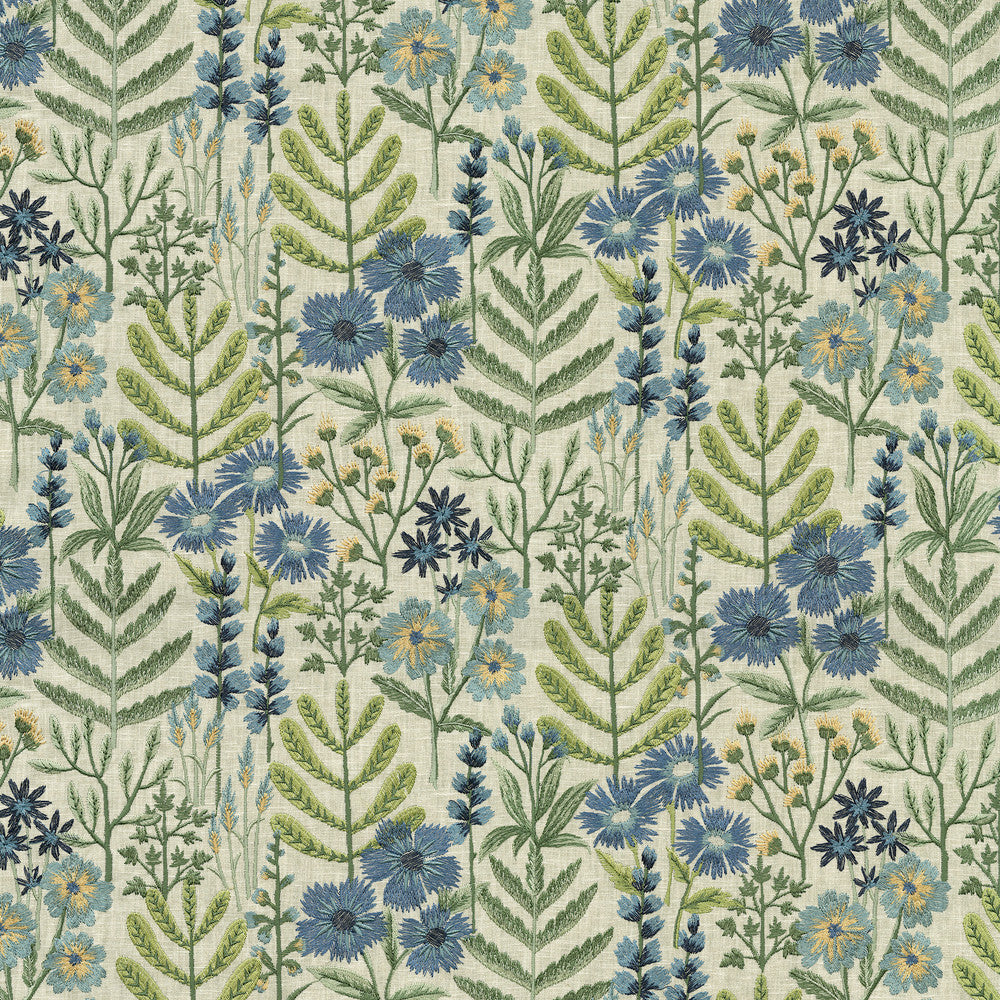 Wildflower Emb Bluebell 412471 by PKL Studio Designer Fabric Base 52% polyester, 48% cotton Emb: 100% rayon India 51000 Horizontal: 17 and Vertical: 12.5 54 - Swanky Fabrics -