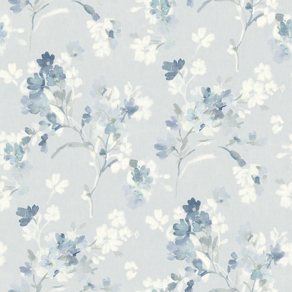 Azalea Light Blue Floral Branches Wallpaper by Chesapeake Designer Wildflower Covers about 56.4 square feet 20.5-in by 33-ft long roll Prepasted 20.5 - Swanky Fabrics -