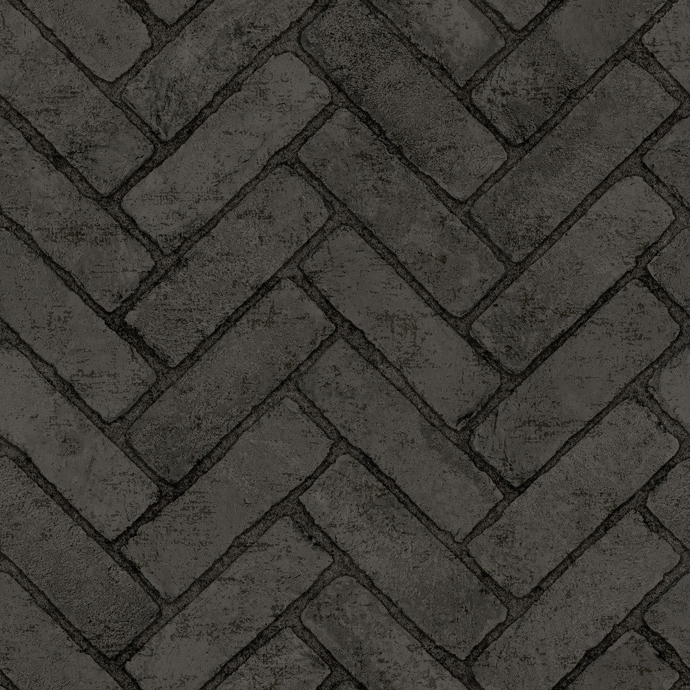 Canelle Black Brick Herringbone Wallpaper by Chesapeake Designer Wildflower Covers about 56.4 square feet 20.5-in by 33-ft long roll Prepasted 20.5 - Swanky Fabrics -