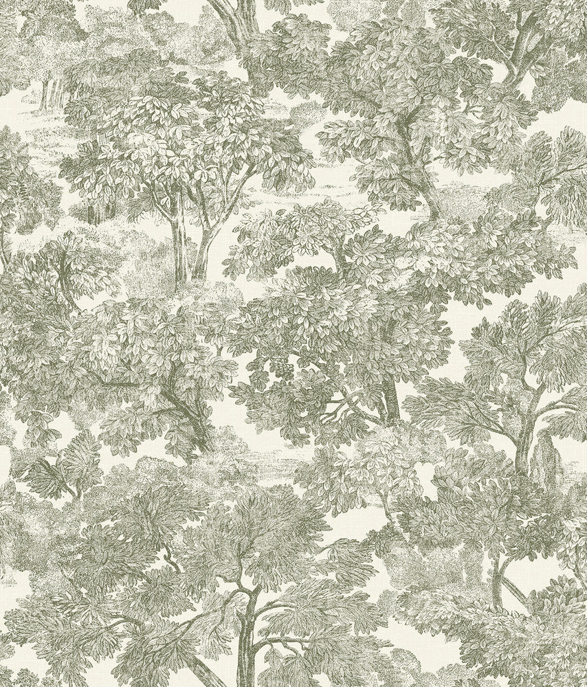 Spinney Green Toile Wallpaper by Chesapeake Designer Wildflower Covers about 56.4 square feet 20.5-in by 33-ft long roll Prepasted 24 - Swanky Fabrics -