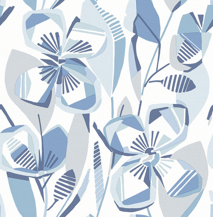 Nathalie Blue Abstract Blooms Wallpaper by A-Street Prints Designer Whimsy Covers about 56.4 square feet 20.5-in by 33-ft long roll Unpasted 20.9 - Swanky Fabrics -