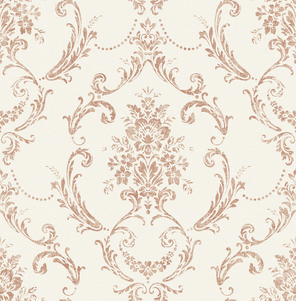 Glenda Copper Floral Damask Wallpaper by Advantage Designer Curio Covers about 56.4 square feet 20.5-in by 33-ft long roll Unpasted 20.8 - Swanky Fabrics -