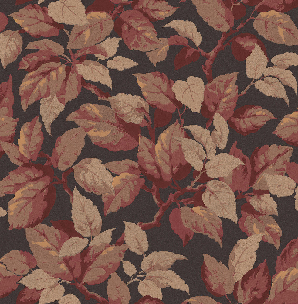 Canopy Burgundy Leaf Wallpaper by Advantage Designer Westbury Forest Covers about 56.4 square feet 20.5-in by 33-ft long roll Unpasted 20.9 - Swanky Fabrics -