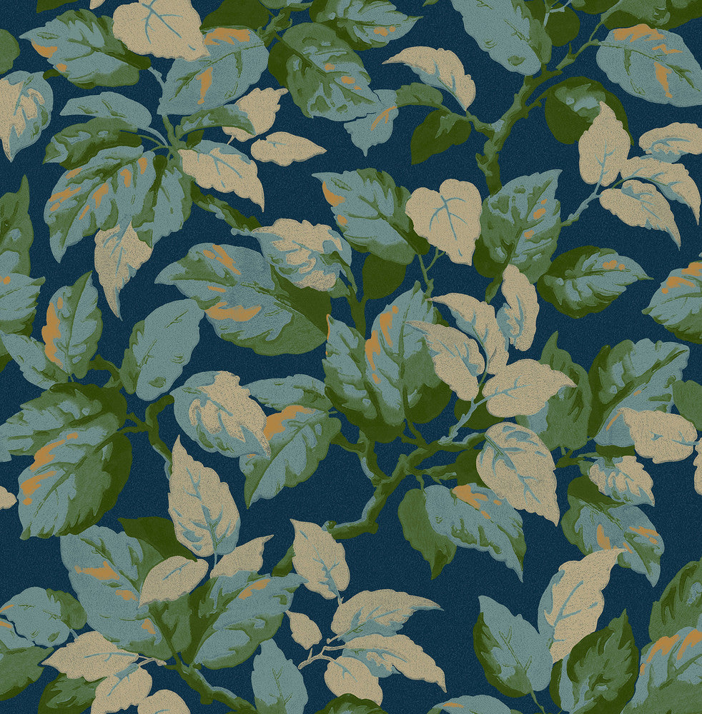 Canopy Navy Leaf Wallpaper by Advantage Designer Westbury Forest Covers about 56.4 square feet 20.5-in by 33-ft long roll Unpasted 20.9 - Swanky Fabrics -