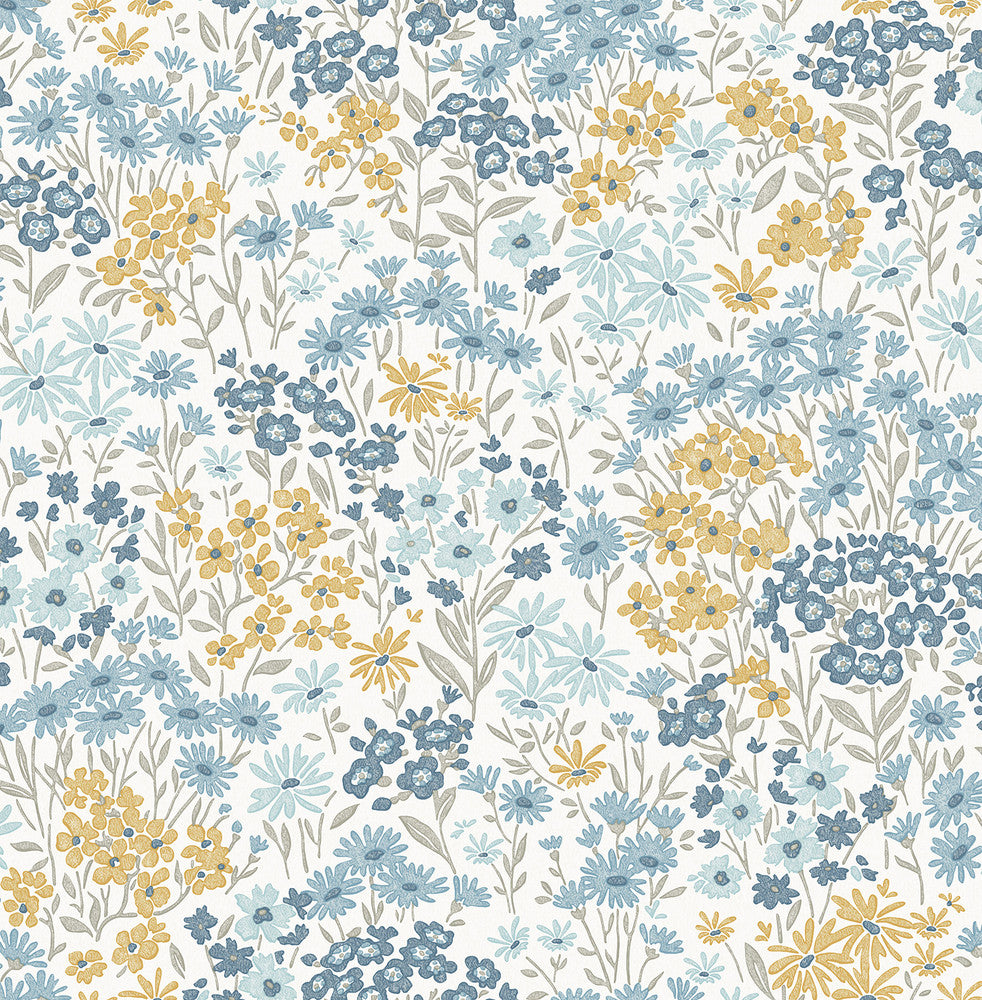 Ditsy Light Blue Daisies Wallpaper by Advantage Designer Westbury Forest Covers about 56.4 square feet 20.5-in by 33-ft long roll Unpasted 20.9 - Swanky Fabrics -