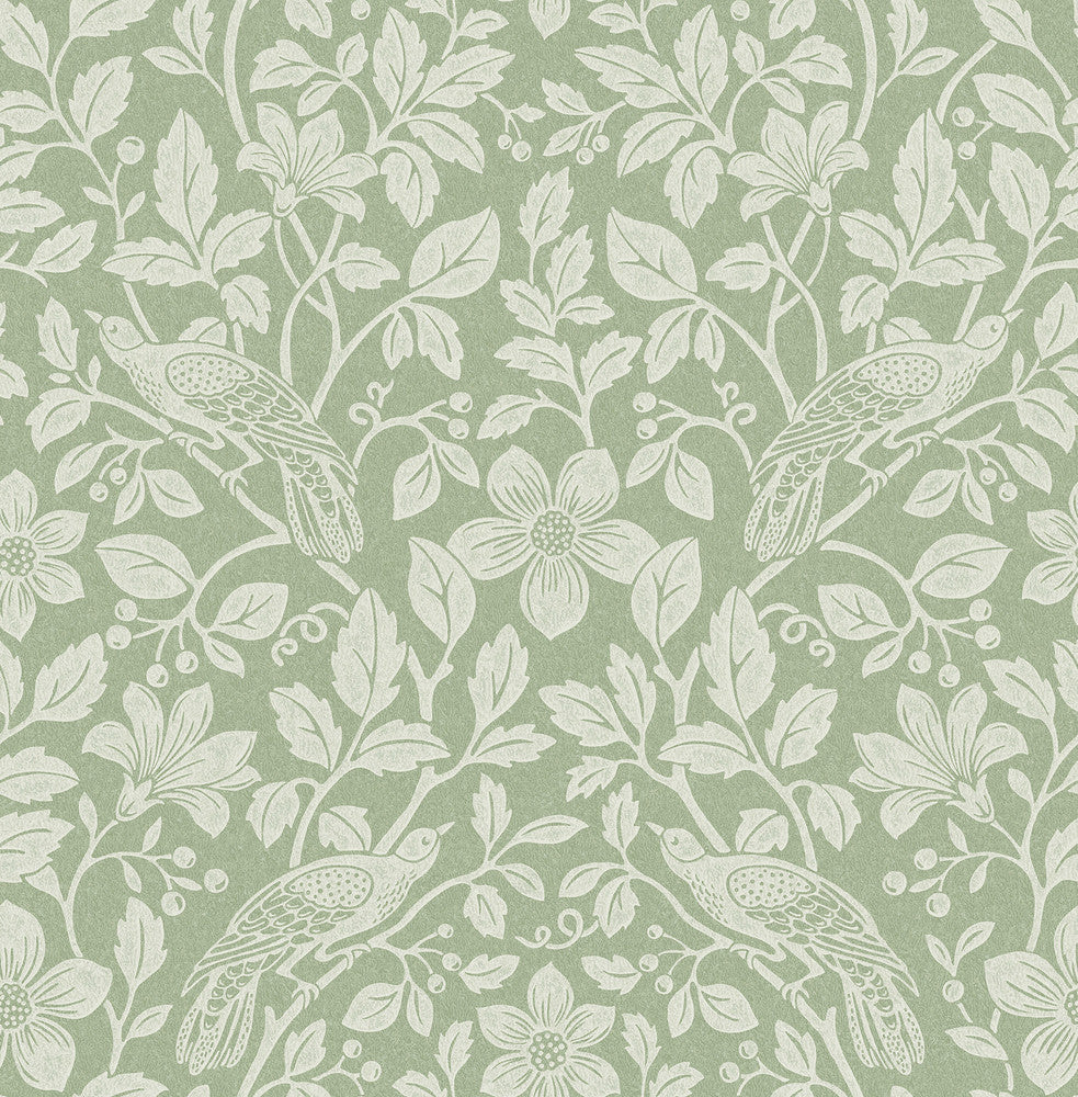 Marlow Green Bird Vine Wallpaper by Advantage Designer Westbury Forest Covers about 56.4 square feet 20.5-in by 33-ft long roll Unpasted 20.9 - Swanky Fabrics -