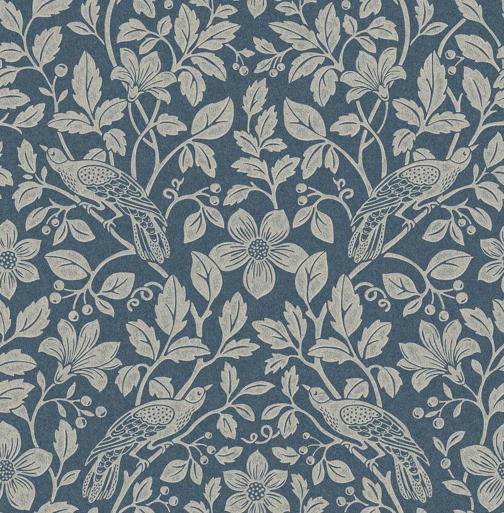 Marlow Dark Blue Bird Vine Wallpaper by Advantage Designer Westbury Forest Covers about 56.4 square feet 20.5-in by 33-ft long roll Unpasted 20.9 - Swanky Fabrics -