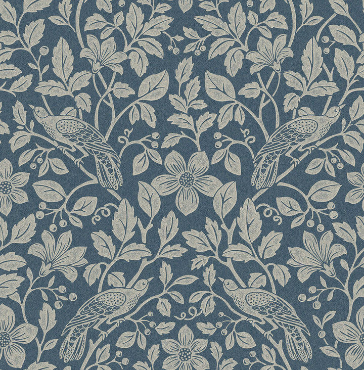 Marlow Dark Blue Bird Vine Wallpaper by Advantage Designer Westbury Forest Covers about 56.4 square feet 20.5-in by 33-ft long roll Unpasted 20.9 - Swanky Fabrics -