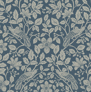 Marlow Dark Blue Bird Vine Wallpaper by Advantage Designer