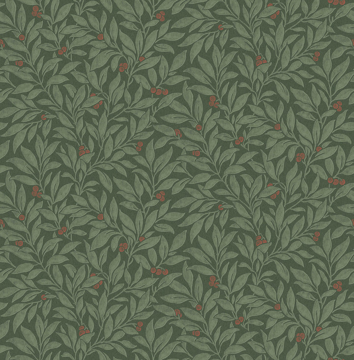 Winter Berry Evergreen Vine Wallpaper by Advantage Designer Westbury Forest Covers about 56.4 square feet 20.5-in by 33-ft long roll Unpasted 20.9 - Swanky Fabrics -